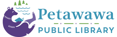 petawawa public library logo, bear reading a book