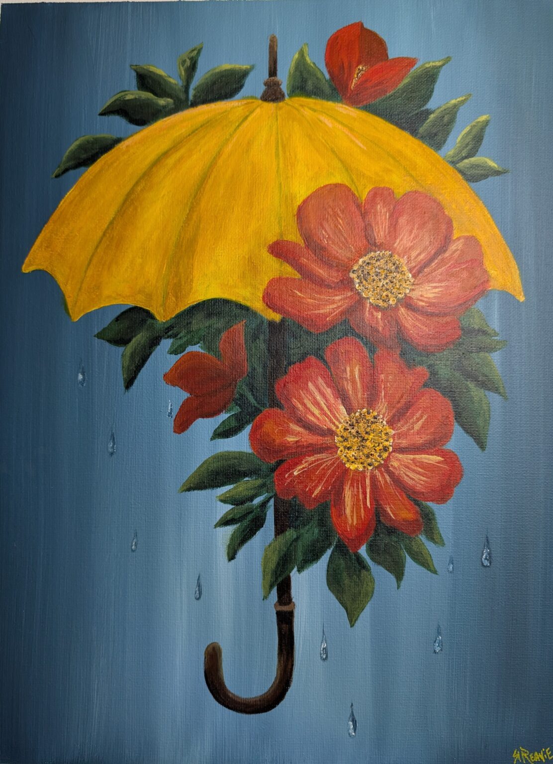 Painting of a yellow umbrella with red flowers