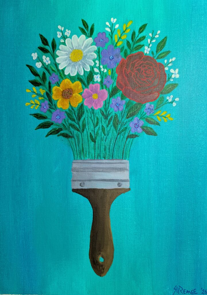 A painting of a paintbrush where the bristles turn into a bouquet of flowers