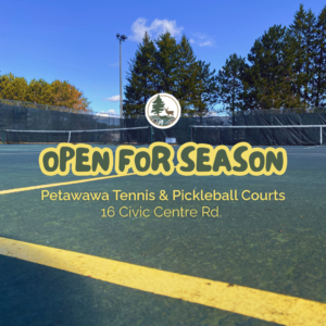 Photo of Tennis Court with Text "Open for Season" overlaying